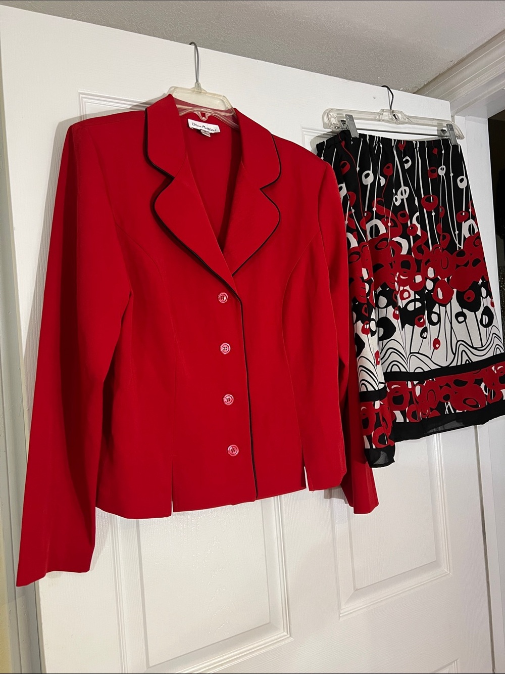 Oleg Cassini Red Jacket with Black & White Abstract Print Skirt Set